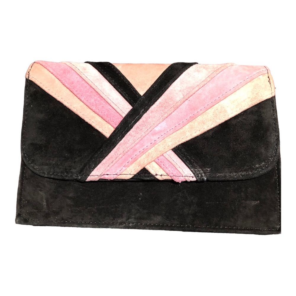 Suede Pleated Clutch Purse With Attached Shoulder Strap Black/Pink/Peach Women